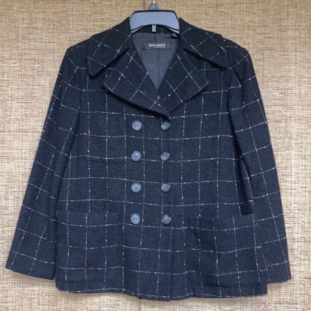 Tahari Black Windowpane Double-Breasted Wool Blend Blazer